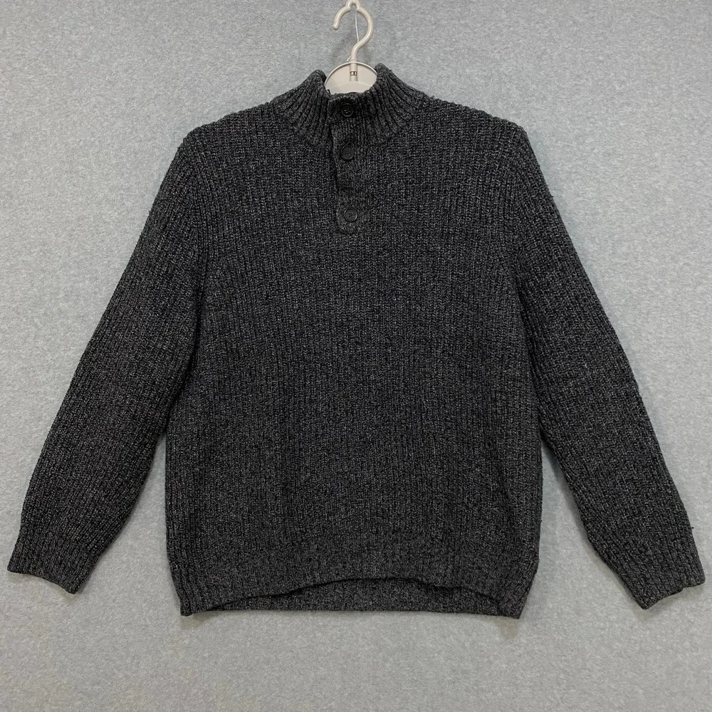 BANANA REPUBLIC Mens L Sweater Ribbed Knit Mock Neck Button Dark Gray Pullover